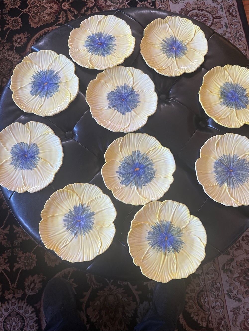 Yellow Floral Ceramic Wall Plates with Blue Centers